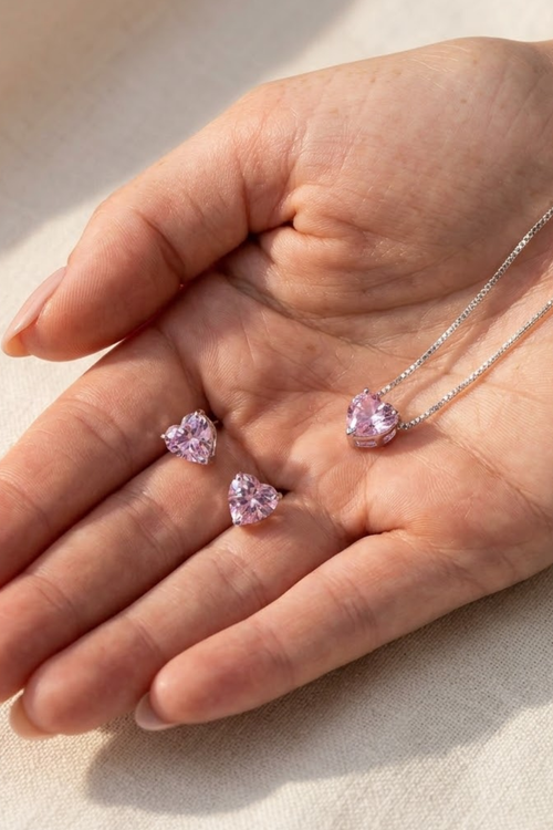 Pink Heart Necklace & Earrings Set